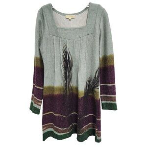 Cathaya Womens BOHO Sweater Dress Small Green Purple Artsy Abstract Long Sleeve